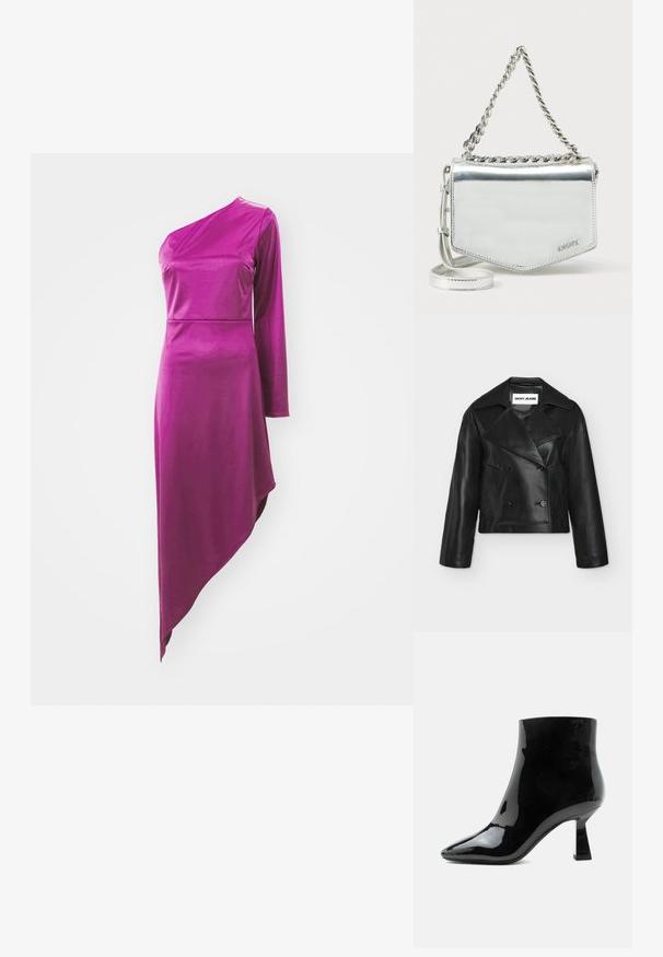 Must nahast lühendatud kahekordse nööpimiskujundusega jakk laiade kraedega ja kahe esitaskuga, krae sees sildiga DKNY Jeans.; WAL G. OLESSIA ONE SLEEVE DRESS - Trikotaažkleit - plum; Must värviga läikiv lakknahast pahkluu saabas, terava varbaotsaga ja lõheneva keskmise kõrgusega kand valgel taustal.; Hõbedane metallikust õlakott kettidega, geomeetrilise kujuga, sileda tekstuuriga ja logoga detailidega. Omab tõmblukuga sulgemist ja dekoratiivõmblusi.