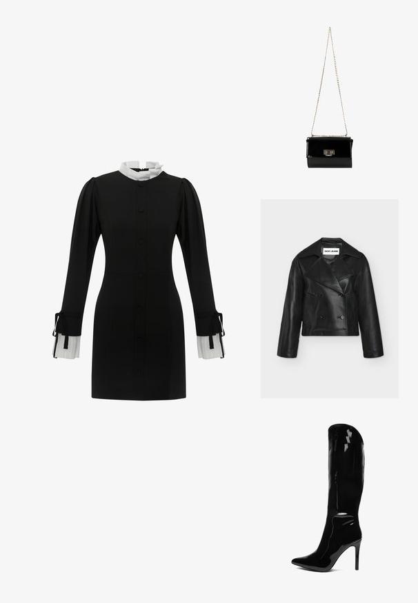 Zwarte cropped double-breasted leren jas met brede revers en twee voorzakken, met DKNY Jeans label aan de binnenkant van de kraag.; Zwarte jurk met een hoge witte kraag, knopen aan de voorkant en lange mouwen met geplooide witte manchetten met strikjes. Gladde stofstructuur.; Kniehoge, patenten zwarte stiletto laars met een puntige neus. De gladde textuur en het hoge ontwerp creëren een slanke, aansluitende silhouet.; Zwarte gepatineerde leren handtas met een gouden schouderband, rechthoekige vorm, voorzien van een flapsluiting aan de voorkant en een metallic logo accent.