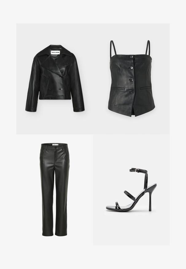 Veste en cuir courte noire à double boutonnage avec larges revers et deux poches avant, étiquetée DKNY Jeans à l'intérieur du col.; Haut en cuir sans manches noir avec quatre boutons à l'avant, fines bretelles et deux rabats de poche horizontaux sur fond blanc.; Pantalons en cuir noir avec une coupe droite, dotés de poches avant et d'une fermeture à bouton. Texture lisse avec une apparence élégante.; Sandales à talons hauts en cuir verni noir avec trois sangles horizontales et une sangle de cheville ajustable. Silhouette élégante et finition brillante.