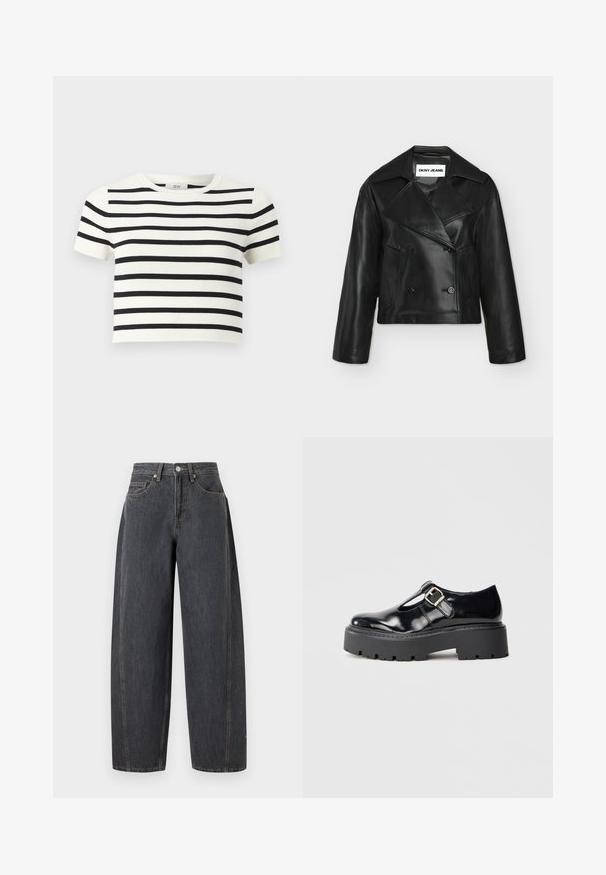 Zwarte cropped double-breasted leren jas met brede revers en twee voorzakken, met DKNY Jeans label aan de binnenkant van de kraag.; Witte cropped top met korte mouwen, horizontale zwarte strepen en een ronde hals.; Zwarte denim jeans met een hoge taille, wijde pijpen, voorzakken, riemlussen en een metalen knoopsluiting op een effen achtergrond.; Zwarte lakleren Mary Jane-schoen met zilveren gesp en dikke zwarte chunky zool, tentoongesteld op een effen grijze achtergrond.