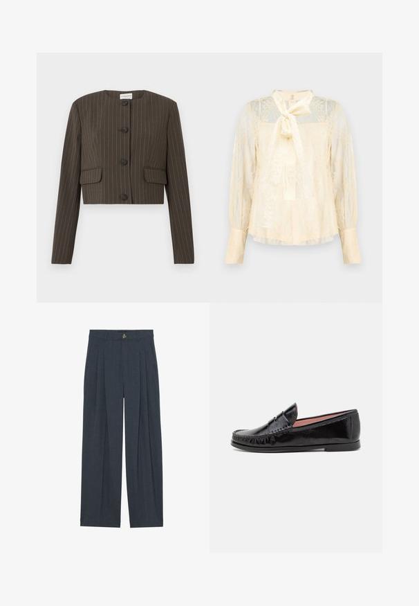 Brun cropped blazer med tynde hvide nålestriber, rund halsudskæring, fire knapper foran og to klaplommer.; Lysecremefarvet bluse lavet af blonder med en sløjfedetalje ved halsen, gennemsigtige lange ærmer og manchetter med knapper. Tekstureret blomsterprint over det hele.; Vide bukser lavet af tekstureret mørkegråt stof, med foran pliserede detaljer, en knaplukning og sidelommer for ekstra funktionalitet.; Sorte laklæder loafer-sko med rund tå, dekorativ syning på overdelen og en lav, flad gummisål.