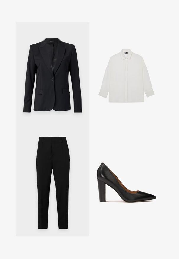 Sort blazer med en afdæmpet krave, enkelt knaplukning, to frontlommer og et slankt, skræddersyet design. Glat tekstur med et minimalistisk udseende.; Hvid, langærmet bluse med krave, knaplukning, glat stof og en afslappet pasform. Har brede manchetter og ingen synlige mønstre.; Sorte bukser med en skræddersyet pasform, der har sidelommer, en glat tekstur og et strømlinet design, der bliver smalere mod anklerne.; Sorte læder højhælede pumps med spids tå, tekstureret overflade og en kraftig blokhæl. Enkel design med en glat indvendig foring.