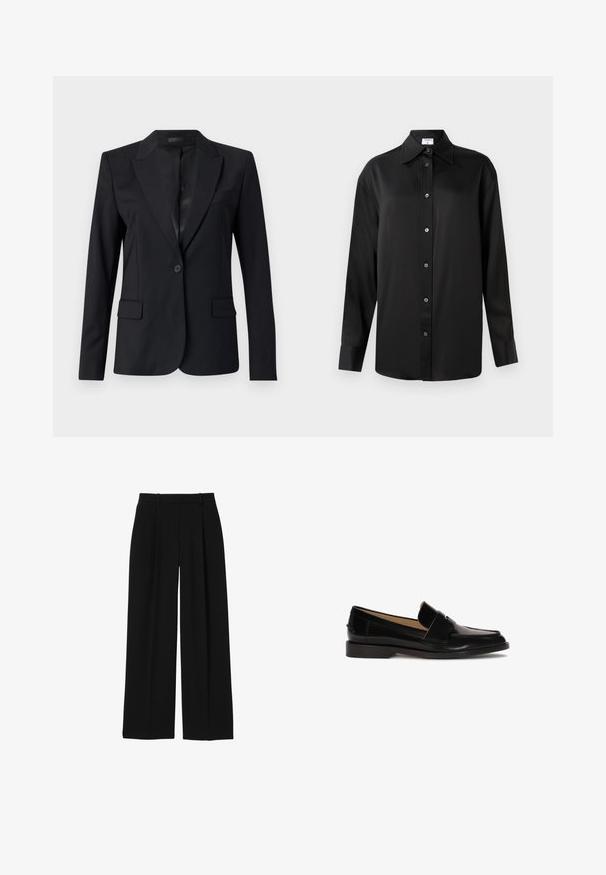 Schwarzer Blazer mit Reverskragen, einem einzelnen Knopfverschluss, zwei vorderen Taschen und einem schlanken, taillierten Design. Glatte Textur mit minimalistischer Optik.; Schwarzes Langarmhemd aus glattem Stoff. Mit spitzem Kragen, durchgehender Knopfleiste und geknöpften Manschetten.; Schwarze Hose mit hoher Taille, weitem Bein, Gürtelschlaufen und vorderen Bügelfalten, dargestellt auf weißem Hintergrund.; Schwarze Lederhalbschuhe mit glatter Oberfläche, abgerundeter Zehenpartie und einem dekorativen Riemen über der Vorderseite. Design mit niedrigem Blockabsatz.