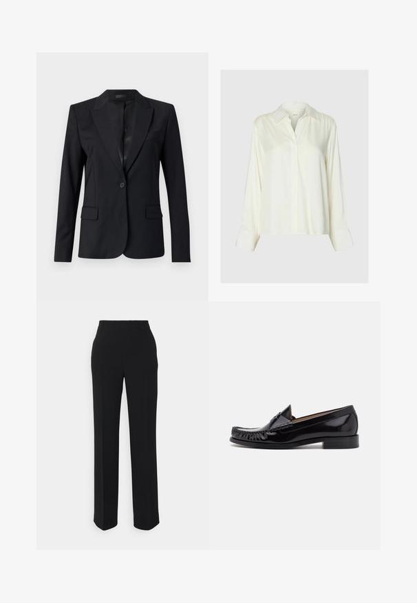 Blazer noir avec un col cranté, fermeture à un bouton, deux poches avant et un design épuré et ajusté. Texture lisse avec un look minimaliste.; Blouse blanche en satin à manches longues avec col classique et patte de boutonnage cachée, présentée sur un fond uni gris clair.; Pantalons noirs à jambes droites avec une texture lisse. Dotés d'une taille et sans motifs ou accents visibles. Design classique et ajusté.; Mocassin en cuir noir avec une finition brillante, présentant des franges à l'avant et un petit talon empilé.