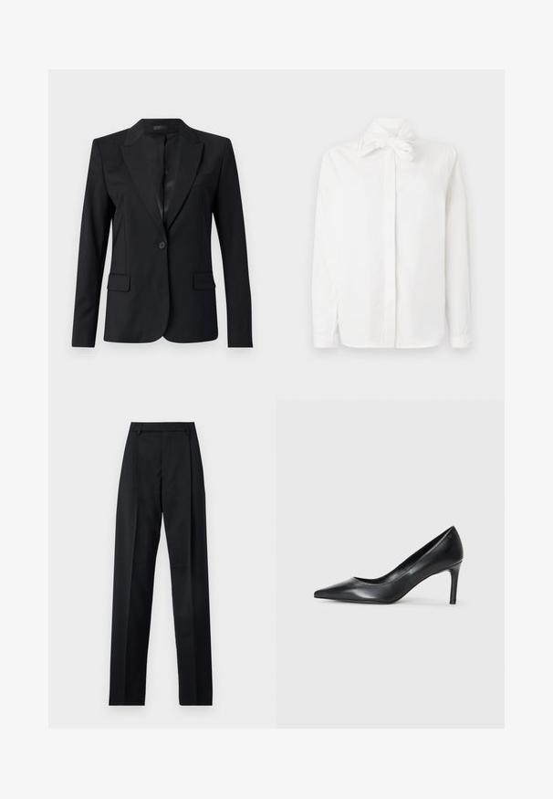 Blazer noir avec un col cranté, fermeture à un bouton, deux poches avant et un design épuré et ajusté. Texture lisse avec un look minimaliste.; Chemise blanche à manches longues en coton, avec un détail de nœud au col, un devant à boutons et des fentes sur les côtés. Texture lisse.; Pantalon noir en tissu lisse avec taille haute, jambes larges, plis à l'avant et passants de ceinture classiques. Pas de poches latérales visibles.; Escarpin noir en cuir à bout pointu avec un talon fin, texture lisse et sans embellissements visibles. Design épuré avec une esthétique minimaliste.