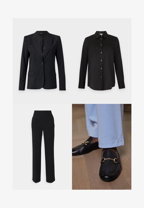Sort blazer med en afdæmpet krave, enkelt knaplukning, to frontlommer og et slankt, skræddersyet design. Glat tekstur med et minimalistisk udseende.; Sort langærmet skjorte med knapper og spids krave med syv knapper, vist på en lysegrå baggrund.; Sorte, lige bukser med en glat tekstur. Har en talje og ingen synlige mønstre eller accenter. Klassisk og skræddersyet design.; Sorte læder loafers med guld metalbit detalje båret med lyseblå bukser på trægulv.