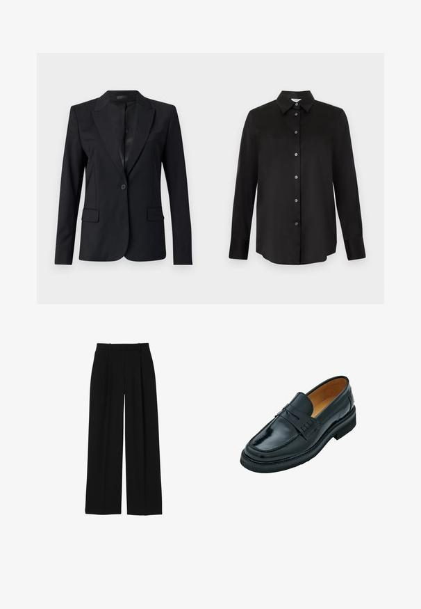 Zwarte blazer met een notch-kraag, enkele knoopsluiting, twee voorzakken en een slank, op maat gemaakt ontwerp. Glad textuur met een minimalistische uitstraling.; Zwart overhemd met lange mouwen, knoopsluiting, puntige kraag en zeven knopen, weergegeven op een lichtgrijze achtergrond.; Zwarte broek met hoge taille, wijde pijpen, riemlussen en voorvouwen, afgebeeld op een witte achtergrond.; Zwarte leren instappers met een gladde afwerking, voorzien van een verhoogde band over de wreef, een ronde neus en een lage, platte rubberen zool.