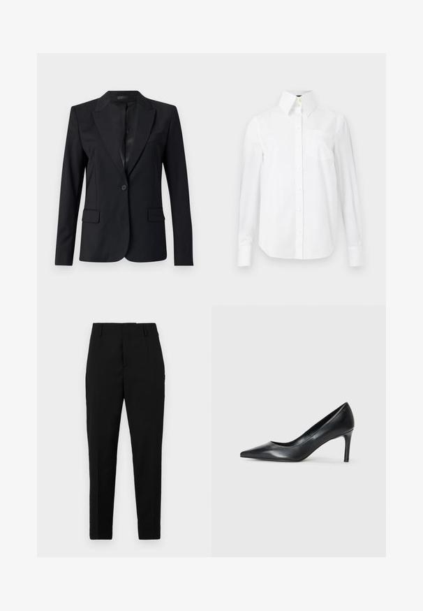 Blazer negro con cuello con muesca, cierre de un botón, dos bolsillos frontales y un diseño elegante y ajustado. Textura suave con un aspecto minimalista.; Camisa blanca de manga larga hecha de algodón, con un collar puntiagudo, bolsillo en el frente y cierre de botones en la parte delantera. Textura suave.; Pantalones negros con un corte ajustado, que presentan bolsillos laterales, una textura suave y un diseño elegante que se estrecha hacia el tobillo.; Zapato de tacón negro de cuero con punta afilada y un tacón delgado, textura suave y sin adornos visibles. Diseño limpio con una estética minimalista.