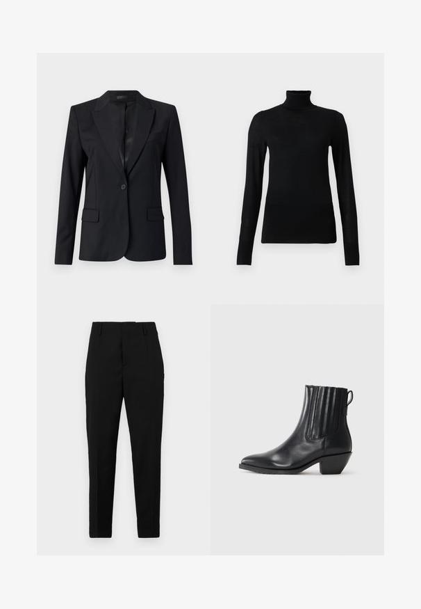 Blazer noir avec un col cranté, fermeture à un bouton, deux poches avant et un design épuré et ajusté. Texture lisse avec un look minimaliste.; Pull à col roulé noir en matériau doux et léger. Il a des manches longues et une coupe ajustée avec un col haut.; Pantalons noirs avec une coupe ajustée, dotés de poches latérales, d'une texture lisse et d'un design épuré qui se resserre vers la cheville.; Bottine noire en cuir avec panneaux latéraux élastiques, bout pointu et talon bloc. Texture lisse et design épuré mettent en valeur son style moderne.