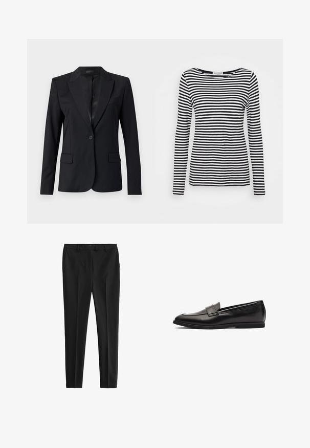 Zwarte blazer met een notch-kraag, enkele knoopsluiting, twee voorzakken en een slank, op maat gemaakt ontwerp. Glad textuur met een minimalistische uitstraling.; Langemouwen, ronde hals T-shirt met een zwart-wit gestreept patroon. Gemaakt van zachte stof met een reguliere pasvorm. Schoon, minimalistisch ontwerp.; Zwarte broek van gladde stof, met een getailleerde pasvorm, voorplooien en lussen voor een riem, voorzien van zij- en achterzakken.; Zwarte leren instapper met een gladde afwerking, ronde neus en dubbele stiksels op de bovenkant. Platte rubberen zool voor comfort.