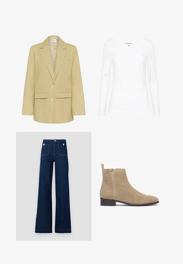 Beige damesblazer med hakrevers, to fremadlukkede lommer, en brystlomme, to hvide knapper og lange ærmer.; Anna Field Langærmet T-shirt - white; Mørkeblå vidde jeans med høj talje, guldknap-detaljer, to for- og baglommer samt kontrastsyede detaljer. Tekstureret denim stof.; Beige ruskind ankelstøvle med en glat overflade, rund tå og lav, stablet hæl. Har en lynlås i siden og en pull loop bagpå.