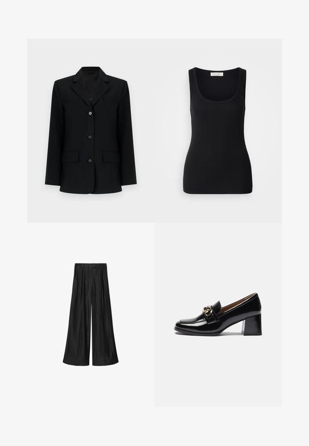 Schwarzer, maßgeschneiderter Blazer mit drei vorderen Knöpfen, Reverskragen mit Kerbe, zwei Pattentaschen und langen Ärmeln auf weißem Hintergrund.; Schwarzes, geripptes Tanktop mit rundem Ausschnitt, breiten Trägern und figurbetontem Schnitt. Etikett auf der Rückseite mit der Aufschrift "Marc O'Polo".; Schwarze, hoch taillierte, weit geschnittene Hose mit Gürtelschlaufen und Vorderfalten, flach auf weißem Hintergrund präsentiert.; Schwarze Lacklederschuhe mit Absatz, runder Zehenpartie, kräftigerem Absatz und einem goldfarbenen Hardware-Akzent auf dem vorderen Riemen.