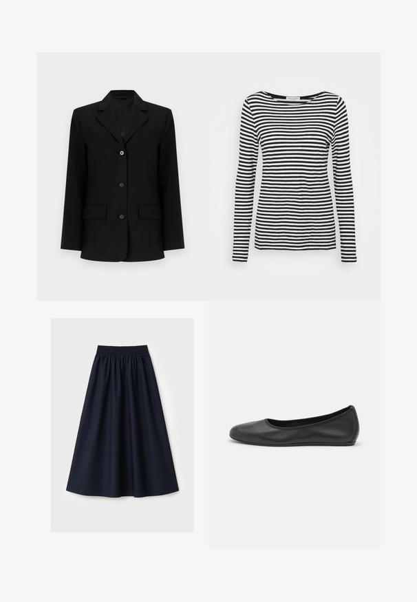 Blazer noir sur mesure avec trois boutons sur le devant, col à revers cranté, deux poches avec rabat et manches longues sur fond blanc.; T-shirt à manches longues et col rond affichant un motif rayé noir et blanc. Fabriqué en tissu doux avec une coupe régulière. Design épuré et minimal.; Jupe bleu marine en tissu lisse, dotée d'une ceinture élastique, d'une coupe évasée et d'une longueur au genou. Aucun motif ni accent visible.; Ballerines en cuir noir avec un bout rond, texture lisse, détails de couture minimalistes et design de semelle flexible.