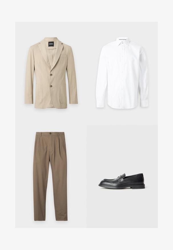 Blazer beige texturé à deux boutons, col à revers cranté, deux poches avant et une poche poitrine, étiquette BOSS à l'intérieur du col.; Chemise blanche à manches longues avec boutons et col pointu, présentée sur un fond gris clair uni.; Pantalons plissés marron en tissu doux, dotés d'une fermeture éclair et d'un bouton à l'avant, avec une coupe droite et une texture lisse.; Mocassins en cuir noir avec une finition texturée, dotés d'une bride décorative à l'avant et d'un bout arrondi. Semelle en caoutchouc pour plus de durabilité.
