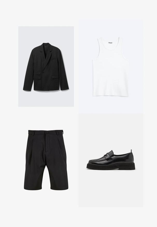 Sort blazer med striber, notched lapels, enkelt knaplukning og to nedre flap-lommer. Har lange ærmer og en struktureret pasform.; Hvid ærmeløs tanktop med rund halsudskæring og Weekday-mærke på den indvendige baghals, vist fladt på lys baggrund.; Sorte shorts lavet af et glat stof med skræddersyet design, der har en frontknaplukning, læg og sidelommer.; Sorte læder loafersko i stil med flad, tekstureret sål, med en syet tå og en rem over vristen.