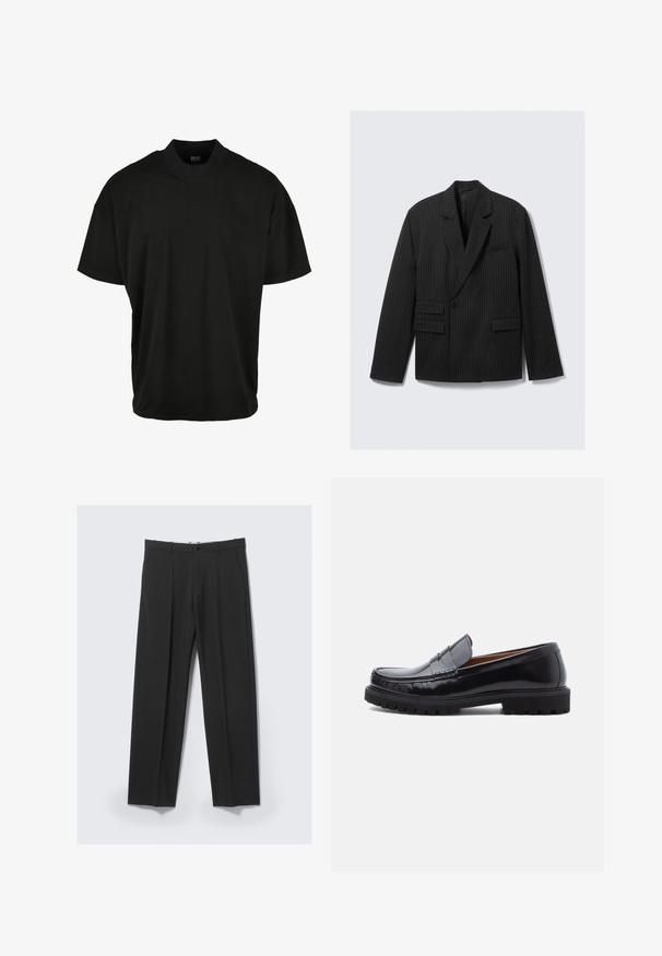 Schwarzer Nadelstreifen-Blazer mit Revers, einer Knopfverschluss und zwei unteren Klappentaschen. Verfügt über lange Ärmel und eine strukturierte Passform.; Schwarzes T-Shirt mit kurzen Ärmeln und Rundhalsausschnitt, aus weichem Stoff, mit lockerer Passform und ohne sichtbare Muster oder Akzente.; Schwarze, maßgeschneiderte Hose mit vorderen Falten, Seitentaschen, Gürtelschlaufen und Knopfverschluss am Bund vor hellem Hintergrund.; Schwarze Leder-Penny-Loafer mit strapazierfähiger Gummisohle und Mokassin-Stich, seitlich auf einem weißen Hintergrund dargestellt.