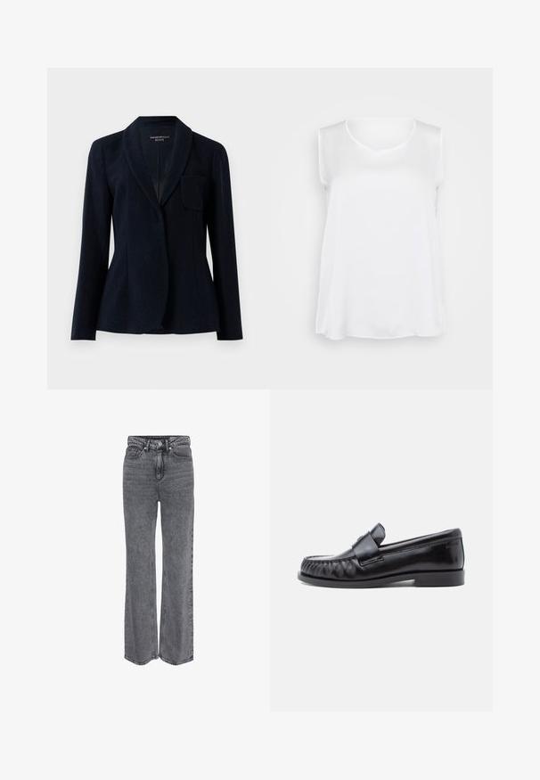 Mørkeblå skræddersyet blazer med struktureret stof, sjalskrave, lange ærmer og en enkelt brystlomme, mærket Emporio Armani ICON.; Hvid ærmeløs top med en glat tekstur, v-hals og afslappet pasform. Lidt buet kant og sideslids for forbedret bevægelse.; Grå denimjeans i høj talje og med lige ben, med frontknap, lynlåslukning og klassisk design med fem lommer.; Sorte læderloafers med rundet tå, karakteristisk syning og en dekorativ rem over vampen. Glat finish og lav hæl.