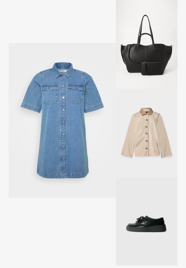 Beige takki, jossa ruskea kaulus, kuusi etunappia, pitkät hihat ja yksi pystysuora sivutasku yksivärisellä vaalealla taustalla.; Denim-paitamekko vaaleansinisessä sävyssä, jossa on kauluspantaa, lyhyet hihat, kaksi rintataskua ja etupainike. Liukas pinta.; Mustat nahkakengät, joissa on kudottu varvasdetalji, mustat nauhat ja paksu musta kumipohja, jossa on tupsut erityisenä korostuksena.; Call it Spring ALARAA SET - Shopping bag - black