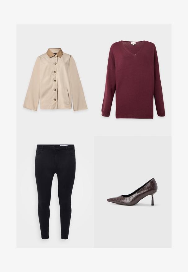 Beige jas met bruine kraag, zes knopen aan de voorkant, lange mouwen en één verticale zijzak op een effen lichte achtergrond.; Bordeauxkleurige trui met lange mouwen en V-hals, met geribde boorden bij mouwen en zoom, afgebeeld op een effen lichtgrijze achtergrond.; Zwarte slim-fit jeans van rekbare denim, met een sluiting aan de voorkant met een knoop, riemlussen en vijf zakken met een gladde textuur.; Bruine nepleren pumps met een puntige neus en krokodillenstructuur, voorzien van een slanke, hoekige hak en een gladde binnenvoering.