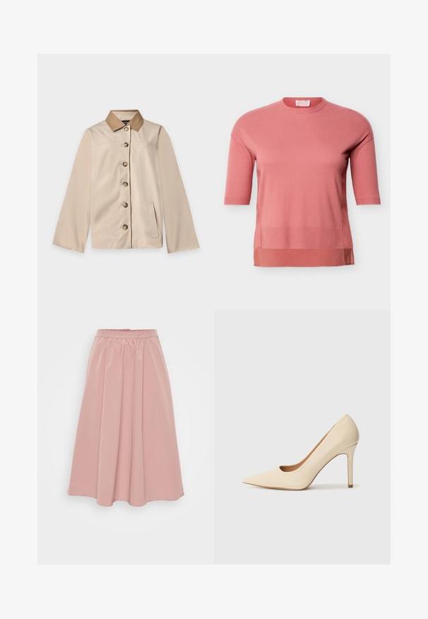 Beige jakke med brun krave, seks knapper foran, lange ærmer og en lodret sidelomme på en ensfarvet lys baggrund.; Pink kortærmet strikket top med rund halsudskæring og ribbet kant, der har et lagdelt look med et længere stofpanel nedenunder.; Pink, knælang nederdel lavet af glat stof, med en rynket talje og plisseret design. Flad, uden yderligere hardware eller mønstre.; Beige læder højhælede pumps med spidse tæer og et udskæringsdetalje på siden, der har en slank stilettohæl for støtte.