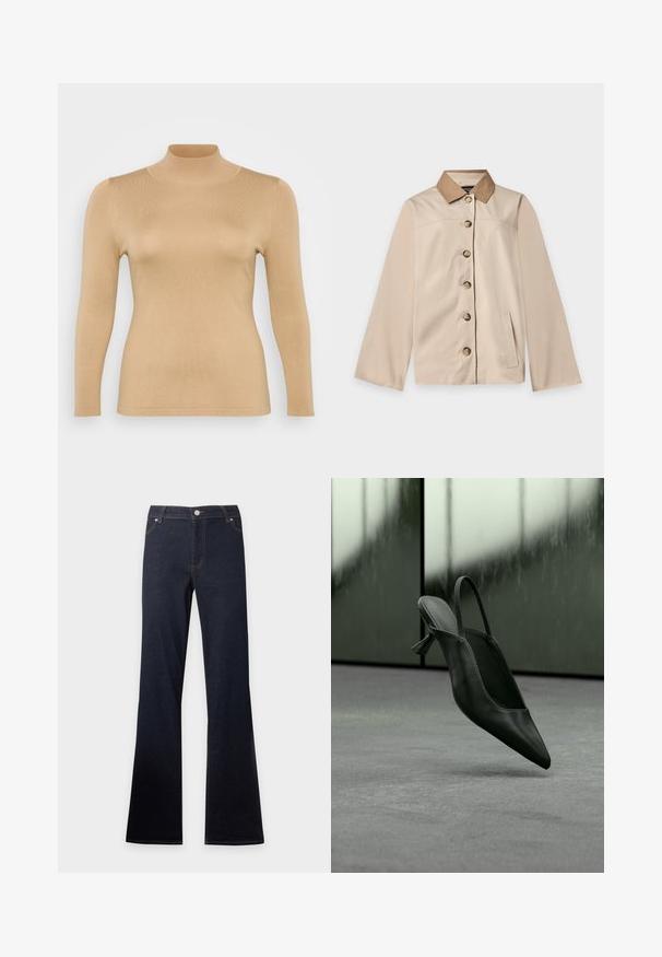 Beež värvi jakk pruunist kraega, kuue eest kinnitatava nupuga, pikad varrukad ja üks vertikaalne küljetasku ühtlasel heledal taustal.; Beež turtleneck top, millel on pikad varrukad, ribakujundus, selge stiil ja kõrge krae. Sujuv materjal ilma nähtavate kaunistusteta.; Tumesinised teksad kõrge vöökohaga ja kellukjalgadega, esitaskute, nööbi ja lukkudega.; Mustast nahast sling-back stiilis kõrge kontsaga king, millel on terav nina, hõljumas hallil vaibaga kaetud põranda kohal, taustal hägune rohekashall sein.