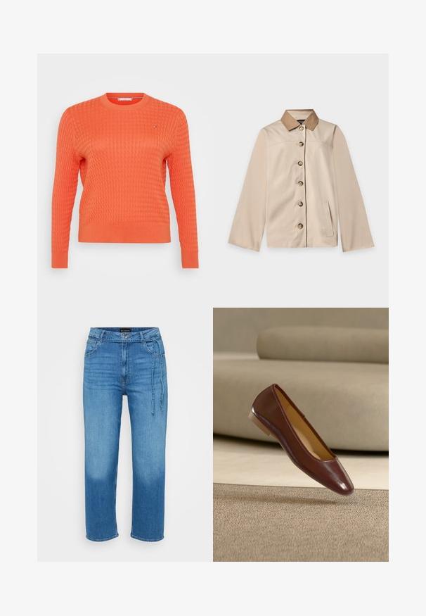 Veste beige avec col marron, six boutons sur le devant, manches longues et une poche latérale verticale sur un fond clair uni.; Pull en tricot orange avec un motif en relief, col rond et manches longues. Détail de petit logo sur la poitrine.; Jean en denim bleu clair avec une coupe décontractée, jambes droites, taille mi-haute et détail à nouer à l'avant. Texture lisse.; Chaussure plate en cuir marron avec un bout arrondi et un talon bas beige, positionnée au-dessus d’un tapis beige texturé et d’un fond de canapé.