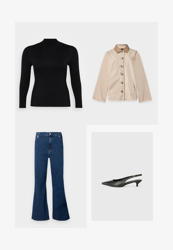 Veste beige avec col marron, six boutons sur le devant, manches longues et une poche latérale verticale sur un fond clair uni.; Haut à col roulé noir à manches longues, fabriqué en tissu doux et lisse. Coupe ajustée avec un col haut et un ourlet droit, présentant des coutures minimales et aucun motif.; Jean en denim bleu foncé taille haute avec jambes évasées larges, bouton devant et poches, présenté sur un fond clair.; Chaussure slingback noire à bout pointu en cuir lisse. Présente un talon fin et un détail de boucle sur la sangle réglable.