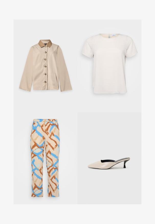Beige jakke med brun krave, seks knapper foran, lange ærmer og en lodret sidelomme på en ensfarvet lys baggrund.; Kortærmet, rundhalset top i lys beige stof med en glat tekstur; har en nøglehulsdetalje på ryggen og en afslappet pasform.; Mønstrede bukser i beige med et blåt og brunt abstrakt design. Lavet af letvægtsmateriale med en lige benpasform.; Beige patent læder slingback hæl med spids tå og en lav sort hæl. Glat tekstur, minimalistisk design med åbne sider.