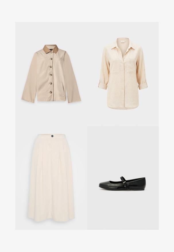 Beige Jacke mit braunem Kragen, sechs vorderen Knöpfen, langen Ärmeln und einer vertikalen Seitentasche auf einem einfarbigen hellen Hintergrund.; Beige langärmliges Hemd mit Kragen, zwei Brusttaschen und hochgekrempelten Ärmeln.; Ein cremefarbener Midikleidrock mit Falten, einer Knopfleiste vorne und einer glatten Textur, entworfen für eine legere Passform.; Schwarze Leder-Ballerinas mit einer runden Spitze, einer flachen Sohle und einem dünnen, verstellbaren Riemen über dem Spann mit einer Metallschnalle.