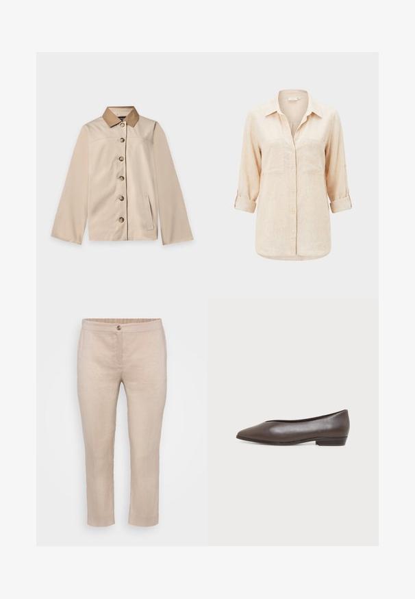 Beige jas met bruine kraag, zes knopen aan de voorkant, lange mouwen en één verticale zijzak op een effen lichte achtergrond.; Beige overhemd met lange mouwen, kraag, twee borstzakken en opgerolde mouwen.; Beige linnen cropped broeken met een vlakke voorkant, knoopsluiting en elastische taille. Gladde textuur met minimale naden en geen zakken.; Donkerbruine leren platte schoen met lage hak, puntige neus en gladde afwerking, zijaanzicht op een witte achtergrond.
