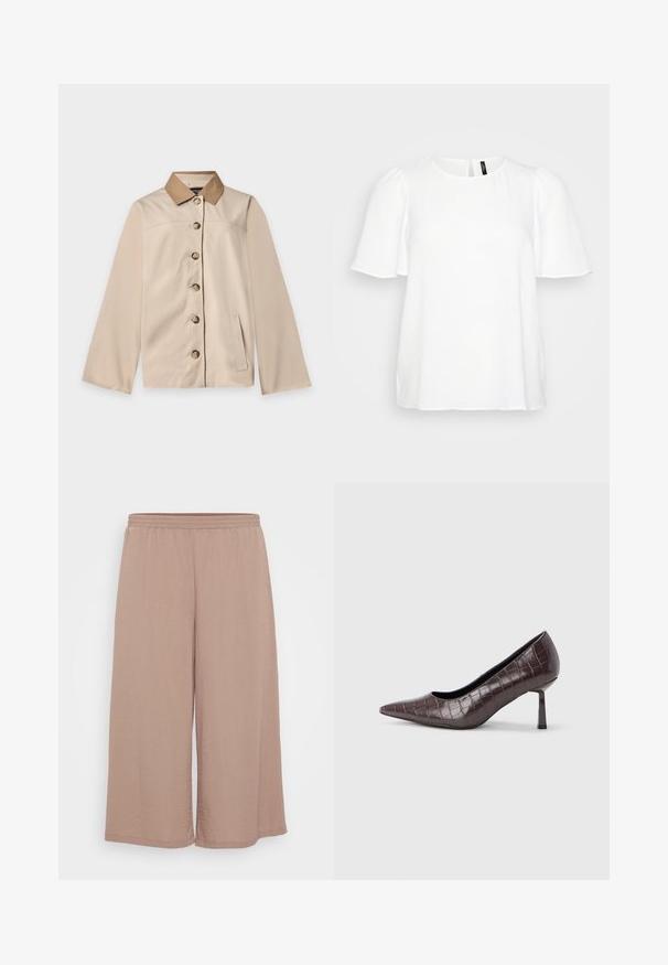 Beige jas met bruine kraag, zes knopen aan de voorkant, lange mouwen en één verticale zijzak op een effen lichte achtergrond.; Witte blouse met korte mouwen, een ronde halslijn en subtiele plooien op de mouwen. Gladde textuur met een knoopsluiting aan de achterkant.; Lichte, wijde broeken van zachte mauve stof met een elastische tailleband. Bevat een kreukbestendige textuur en eenvoudige omgestikte randen.; Bruine nepleren pumps met een puntige neus en krokodillenstructuur, voorzien van een slanke, hoekige hak en een gladde binnenvoering.