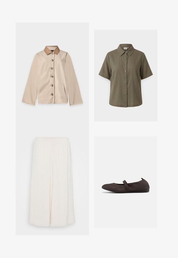 Beige jakke med brun krave, seks knapper foran, lange ærmer og en lodret sidelomme på en ensfarvet lys baggrund.; Kortærmet olivengrøn skjorte med knapper og spids krave, vist på en ensfarvet lys grå baggrund.; Hvide linned culotter med elastisk talje, brede ben og en tekstureret overflade. Beklædningen har en løs, afslappet pasform for komfort.; Brun balletsko med elastisk rem og rundet tå, vist mod en hvid baggrund, sideudsigt.