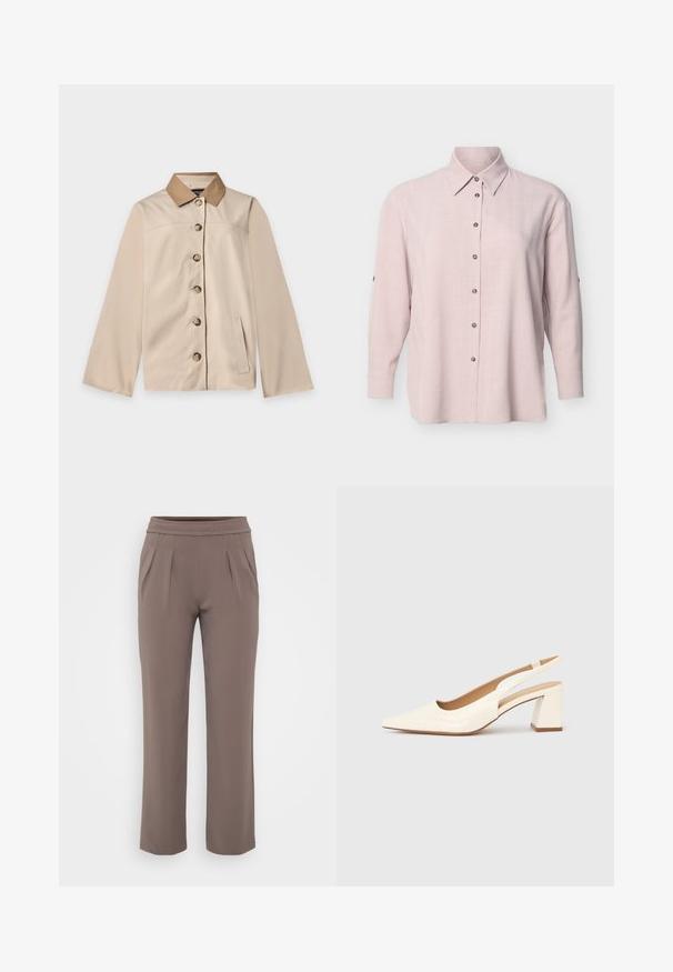 Beige jakke med brun krave, seks knapper foran, lange ærmer og en lodret sidelomme på en ensfarvet lys baggrund.; Lyserød langærmet skjorte med knapper og klassisk krave, synlige knapper foran på en ensfarvet hvid baggrund.; Taupe løs-fit bukser med elastisk talje og frontfald, lavet af glat stof.; Slingback-pumpe i blank cremefarvet laklæder, med spids snude og kraftig firkantet hæl for stabilitet. Minimalistisk design uden pynt.
