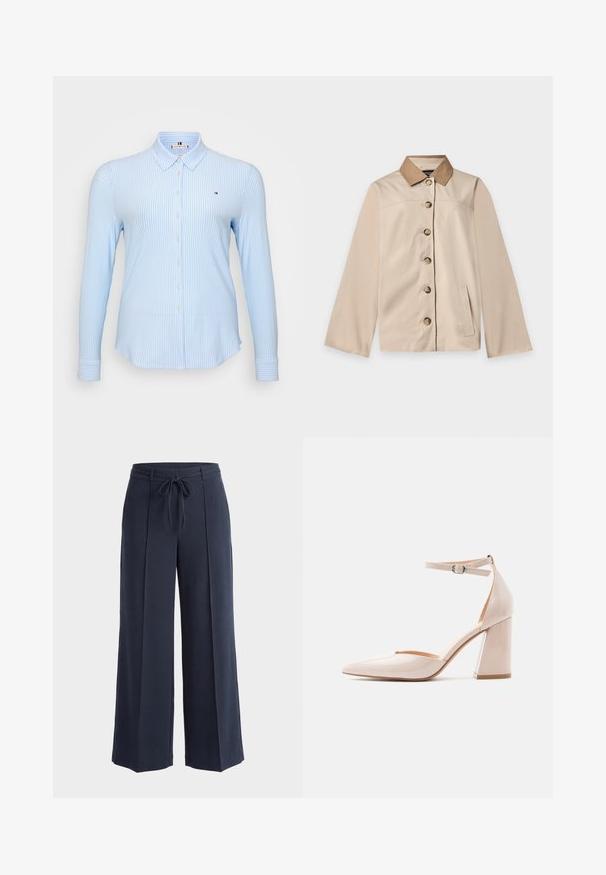 Beige jakke med brun krave, seks knapper foran, lange ærmer og en lodret sidelomme på en ensfarvet lys baggrund.; Lyseblå langærmet skjorte med lodrette hvide striber, knaplukning, klassisk krave og et lille logo på brystet.; Navyblå viddebukser med forreste læg og et stofbælte bundet i taljen på en ensfarvet lys baggrund.; Beige laklædersko med høje hæle, spids tå og ankelrem med lille spænde, vist i sideprofil.