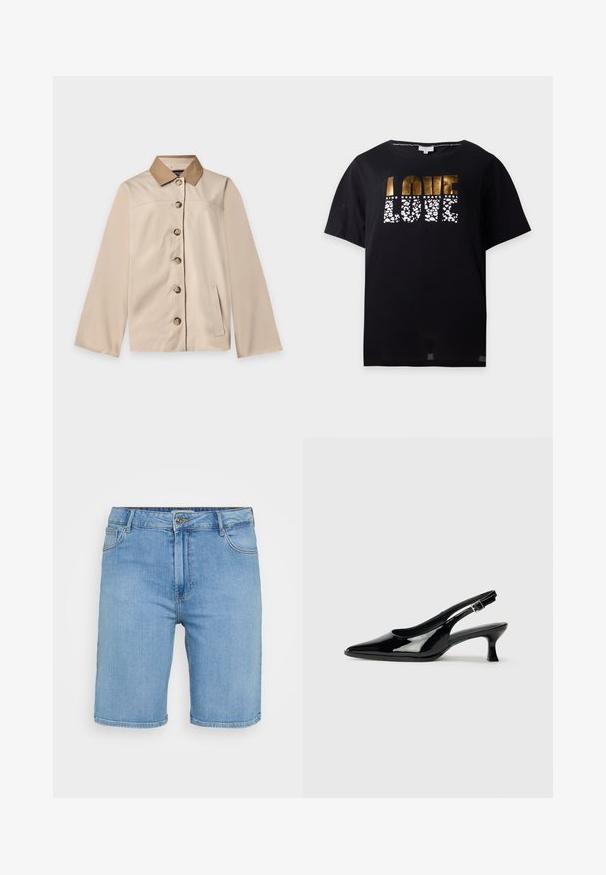 Beige Jacke mit braunem Kragen, sechs vorderen Knöpfen, langen Ärmeln und einer vertikalen Seitentasche auf einem einfarbigen hellen Hintergrund.; Schwarzes T-Shirt mit kurzen Ärmeln und gold-weiß gemustertem Text mit der Aufschrift "LOVE" und kleineren Worten "KIND HEART BRAVE SOUL" darüber.; Helles blaues Denim-Shorts mit klassischem Schnitt, ausgestattet mit einem vorderen Knopfverschluss, Gürtelschlaufen und zwei Seitentaschen. Glatte Textur und gerader Saum.; Schwarze Lackleder Slingback-Schuhe mit spitzem Zehenbereich und niedrigem Blockabsatz. Verstellbarer Riemen mit Schnalle am Knöchel.
