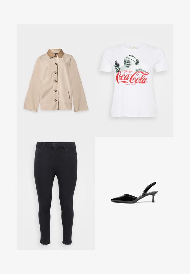 Beige jakke med brun krave, seks knapper foran, lange ærmer og en lodret sidelomme på en ensfarvet lys baggrund.; Hvid bomulds T-shirt med et vintage Santa Claus grafisk design, hvor han holder en Coca-Cola flaske, med røde bogstaver der siger "DRIK Coca-Cola."; Sorte tætsiddende jeans lavet af denim med en frynset kant ved anklen, to forlommer og en knaplukning i taljen.; Sorte patentlæder slingback hæle med spids tå, lav stiletto hæl og et elegant, enkelt design uden pynt.