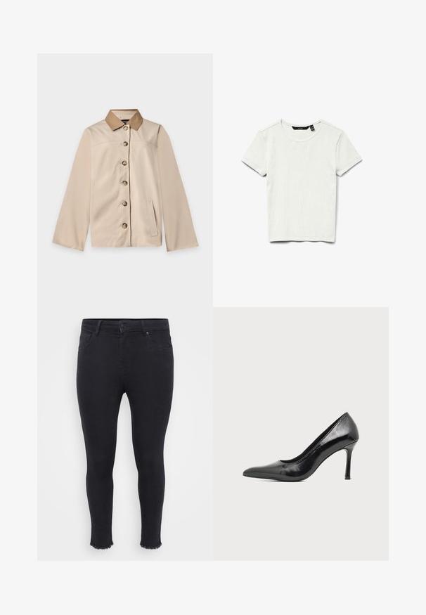 Beige jakke med brun krave, seks knapper foran, lange ærmer og en lodret sidelomme på en ensfarvet lys baggrund.; Enkel hvid ribstrikket bomulds T-shirt med korte ærmer og rund halsudskæring, vist fladt på hvid baggrund.; Sorte tætsiddende jeans lavet af denim med en frynset kant ved anklen, to forlommer og en knaplukning i taljen.; Sort laklæder damestilet med spids tå og slank hæl på en ensartet lys baggrund.