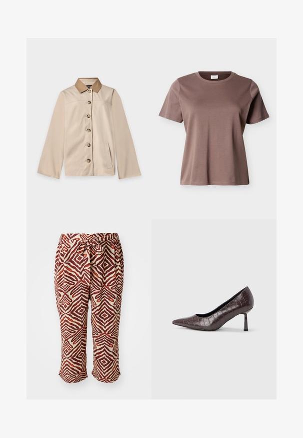 Beige jakke med brun krave, seks knapper foran, lange ærmer og en lodret sidelomme på en ensfarvet lys baggrund.; Kortærmet, rundhalset T-shirt i mauve-brun bomuld med en løs pasform vist mod en ensfarvet lys baggrund.; Røde og brune mønstrede bukser med elastisk talje. Har et geometrisk motiv på en lys baggrund. Længde til midt på læggen, letvægtsstof.; Brune kunstlæder stiletter med spidse tæer og krokodilletekstur, der har en slank, vinklet hæl og en glat inderside.