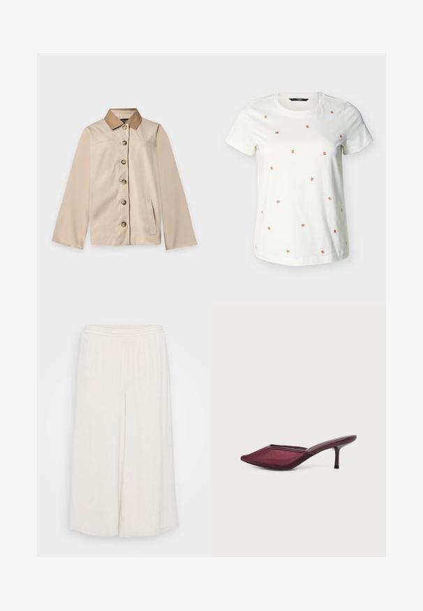 Beige jakke med brun krave, seks knapper foran, lange ærmer og en lodret sidelomme på en ensfarvet lys baggrund.; Hvid T-shirt med korte ærmer, små spredte broderier af orange frugter og rund halsudskæring på en ensfarvet baggrund.; Hvide linned culotter med elastisk talje, brede ben og en tekstureret overflade. Beklædningen har en løs, afslappet pasform for komfort.; Enkelt burgunderrød mule sko med spids tå, lav stiletthæl og et mesh-lignende øvre materiale på hvid baggrund.