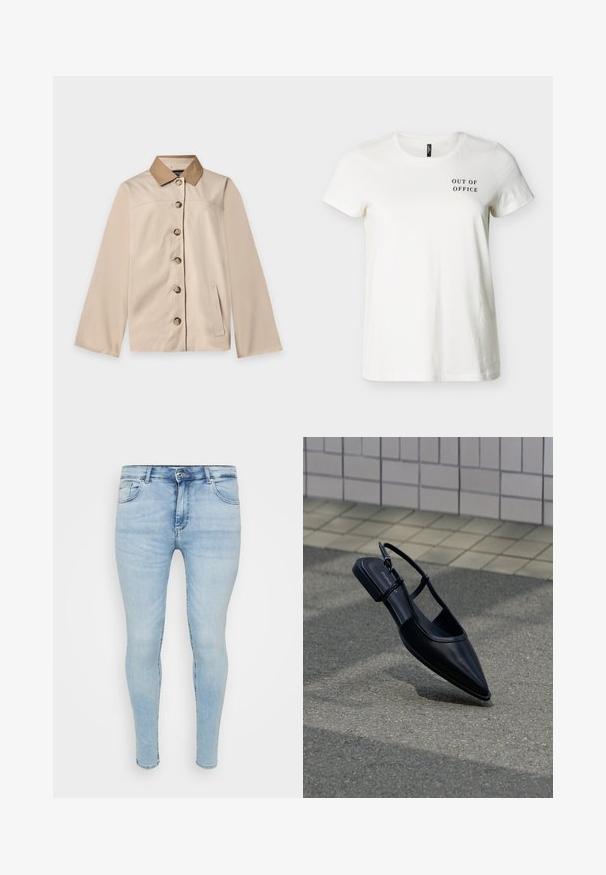 Beige jas met bruine kraag, zes knopen aan de voorkant, lange mouwen en één verticale zijzak op een effen lichte achtergrond.; Witte T-shirt met korte mouwen en ronde hals, met zwarte tekst "OUT OF OFFICE" op de linker bovenborst.; Lichtblauwe skinny jeans met een klassiek vijf-pocket ontwerp, knoop- en ritsluiting, en een vervaagde textuur op de stof.; Zwarte platte schoen met puntige neus en slingback, zwevend boven een asfaltoppervlak naast een betegeld trottoir.