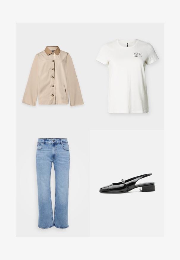Beige jakke med brun krave, seks knapper foran, lange ærmer og en lodret sidelomme på en ensfarvet lys baggrund.; Hvid T-shirt med korte ærmer og rund hals med sort tekst "OUT OF OFFICE" på øverste venstre bryst.; Lysblå vidde jeans lavet af denim, med fem lommer, en frontlynlås og en knaplukning. Subtile syninger langs sømmene.; Sort laklæderslingback-sko med lav blokhæl og tynd rem med sølvspænde over toppen.