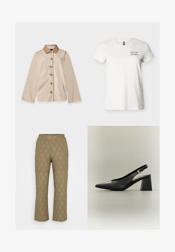 Beige jakke med brun krave, seks knapper foran, lange ærmer og en lodret sidelomme på en ensfarvet lys baggrund.; Hvid T-shirt med korte ærmer og rund hals med sort tekst "OUT OF OFFICE" på øverste venstre bryst.; Khaki bukser med et struktureret diamantmønster og små udsparinger. Har et bredt elastisk taljebånd og et lige ben design.; Sort lædersko med slingback, spids tå, sølvspænde og kraftig blokhæl på en neutral baggrund.