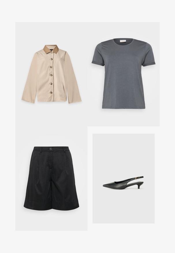 Beige jas met bruine kraag, zes knopen aan de voorkant, lange mouwen en één verticale zijzak op een effen lichte achtergrond.; Grijze t-shirt met korte mouwen, gemaakt van zachte stof, met een klassieke ronde halslijn en omgeslagen mouwen. Een gladde textuur zonder zichtbare patronen.; Zwarte shorts van een gestructureerde stof, met een sluiting aan de voorkant met knoop, plooien, gekrulde zoom en zijzakken.; Zwarte puntschoen met slingback van soepel leer. Kenmerkt zich door een dunne hak en een gespdetail op de verstelbare band.
