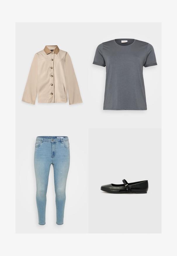 Beige jakke med brun krave, seks knapper foran, lange ærmer og en lodret sidelomme på en ensfarvet lys baggrund.; Grå kortærmet T-shirt lavet af blødt stof, med en klassisk rund halsudskæring og oprullede ærmer. Glat tekstur uden synlige mønstre.; Lyseblå denimbukser med slim fit, der har en mellemhøj talje, klassisk fem-lomme design og subtile slidte detaljer på fronten.; Sorte læder balletflade med rund tå, flad sål og en tynd justerbar rem over svangen med en metalspænde.