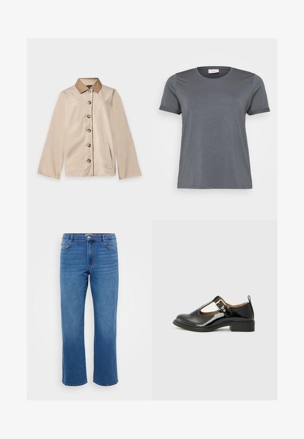 Veste beige avec col marron, six boutons sur le devant, manches longues et une poche latérale verticale sur un fond clair uni.; T-shirt gris à manches courtes en tissu doux, avec un col rond classique et des manches retroussées. Texture lisse sans motifs visibles.; Jean en denim bleu avec une coupe droite, présentant une fermeture à bouton, un design classique à cinq poches et une texture légèrement décolorée au niveau des cuisses.; Chaussure Mary Jane en cuir verni noir avec un bout arrondi, une sangle au niveau de la cheville, un détail de boucle dorée et un petit talon carré. Texture lisse.