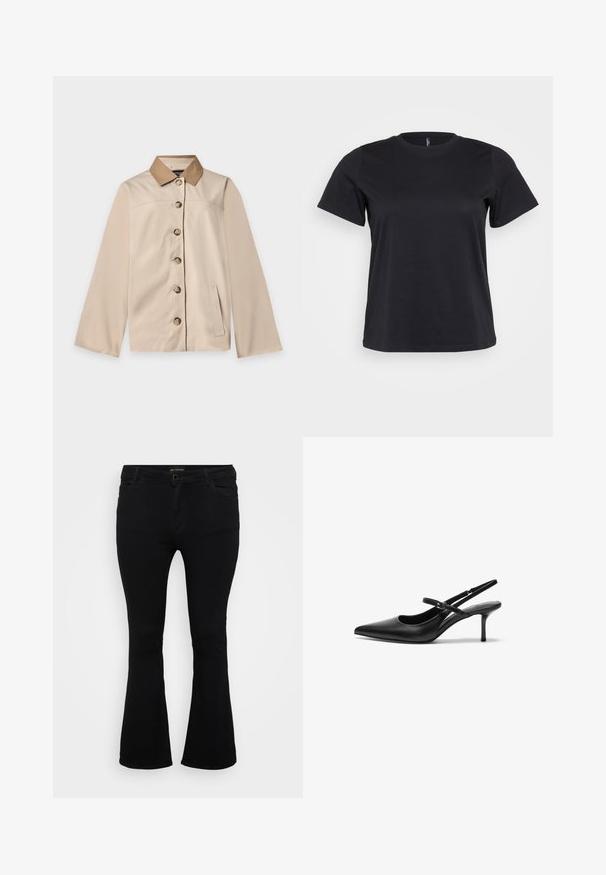 Veste beige avec col marron, six boutons sur le devant, manches longues et une poche latérale verticale sur un fond clair uni.; T-shirt en coton noir à manches courtes, col rond, coupe décontractée et texture lisse. Pas de graphiques ni de motifs visibles.; Jean évasé noir en denim, doté d'une fermeture à bouton, de cinq poches et d'une texture lisse. Design classique avec un ourlet évasé.; Talons aiguilles noires en cuir avec un bout pointu, une fine bride réglable, et un talon aiguille d'environ 5 cm, texture lisse.