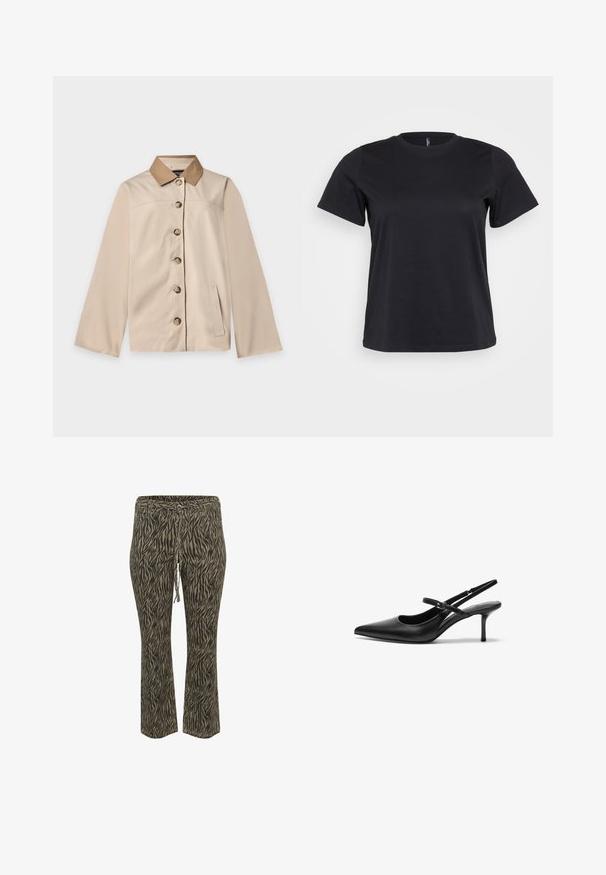Beige Jacke mit braunem Kragen, sechs vorderen Knöpfen, langen Ärmeln und einer vertikalen Seitentasche auf einem einfarbigen hellen Hintergrund.; Schwarz Baumwoll-T-Shirt mit kurzen Ärmeln, Rundhalsausschnitt, lockerer Passform und glatter Textur. Keine sichtbaren Grafiken oder Muster.; Elastische Hose mit Kordelzug im khaki und beigefarbenen Zebra-Muster. Mittlere Leibhöhe, ausgestellte Beinform, weicher Stoff. Geeignet für Freizeitkleidung.; Schwarze Leder Slingback-Absätze mit einer spitzen Zehenform, schmalem verstellbarem Riemen und einem etwa 5 cm hohen Stiletto-Absatz, glatte Textur.