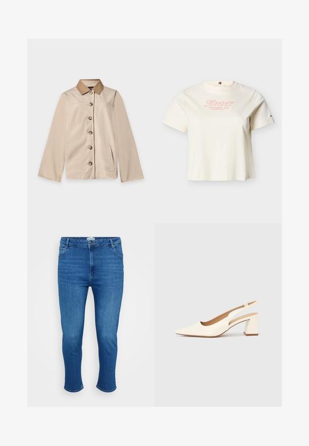 Beige jas met bruine kraag, zes knopen aan de voorkant, lange mouwen en één verticale zijzak op een effen lichte achtergrond.; Crèmekleurig T-shirt met korte mouwen en ronde hals met "Tommy Hilfiger, Co. Los Angeles, CA USA" in rode tekst op de voorkant en een klein logo op de linkerarm.; Blauwe denim jeans met een hoge taille, voorknop en rits, vijf zakken en een slim rechte pasvorm.; Slingback pump van glanzend crèmekleurig lakleer, met een spitse neus en een stevige blokhak voor stabiliteit. Minimalistisch ontwerp, zonder versieringen.