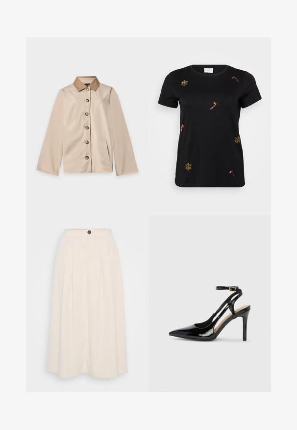 Beige jakke med brun krave, seks knapper foran, lange ærmer og en lodret sidelomme på en ensfarvet lys baggrund.; Sort kortærmet t-shirt med guld broderede snefnug og slikstokke, med en klassisk rund halsudskæring og blødt bomuldsstof.; En cremefarvet midi-nederdel med læg, frontknaplukning og en glat tekstur, designet til en afslappet pasform.; Sorte laklæder højhælede slingback-sko med spids tå, justerbar ankelrem og åben sider. Glat tekstur.