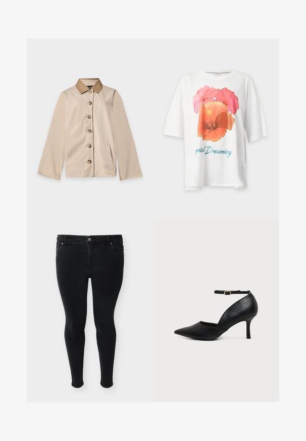 Veste beige avec col marron, six boutons sur le devant, manches longues et une poche latérale verticale sur un fond clair uni.; T-shirt blanc à manches courtes avec un grand imprimé floral rose et orange et un texte bleu indiquant « Tropical Dreaming » à l’avant.; Jean skinny noir avec bouton frontal, fermeture éclair et style cinq poches, présenté sur un fond uni.; Chaussure en cuir noir à bout pointu avec talon kitten, bride à la cheville et boucle dorée sur fond neutre.